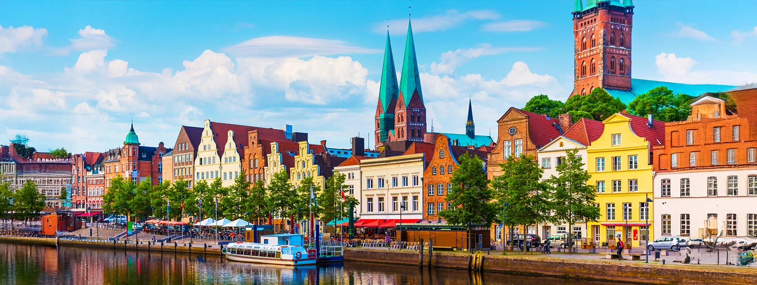 Beautiful colored houses along the Trave river, Lubeck, Germany