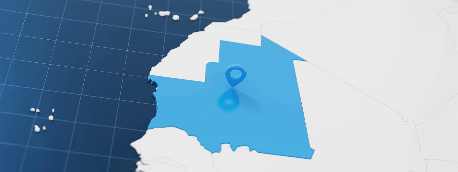 Blue Mauritania 3d map with pointer pin surrounded with other countries in white.