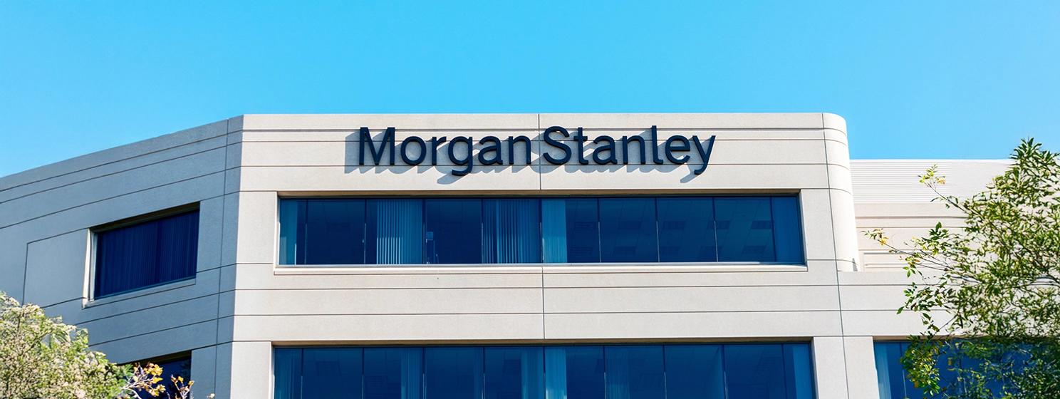 Morgan Stanley sign, logo on office building.