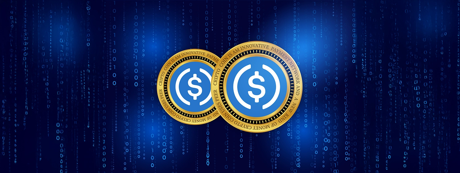 USDC virtual currency images on digital background.
