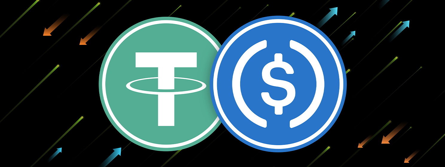 Tether-usdt and usdc virtual currency image in the digital background