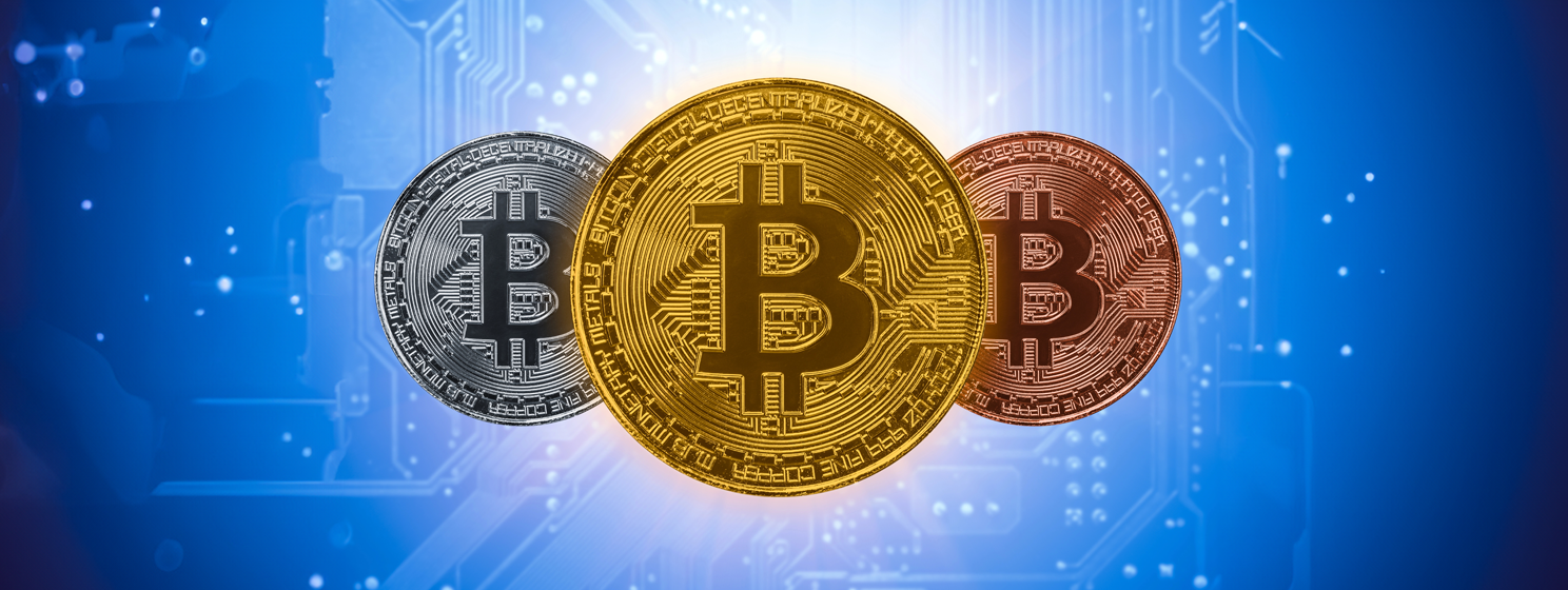 Bitcoin coin on computer electronic circuit board