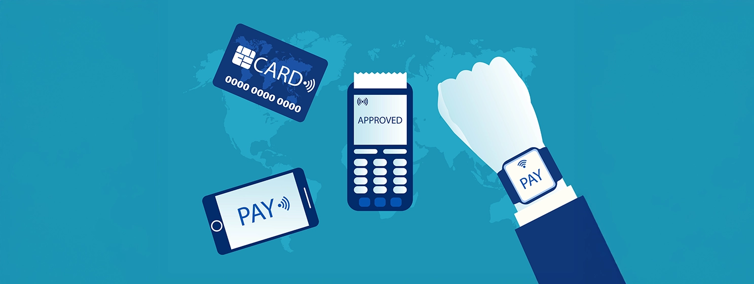 Contactless payment set. Wifi Wireless Mobile Pay. POS terminal, smartphone, credit card, Hand with smartwatch. NFC, Credit Card payments isolated blue background.