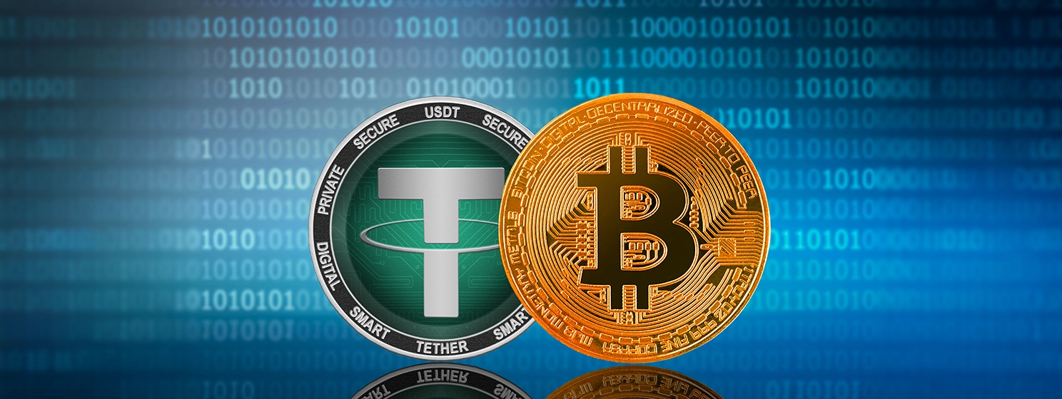 Bitcoin (BTC) and Tether (USDT) coin on the binary code background; bitcoin vs tether.