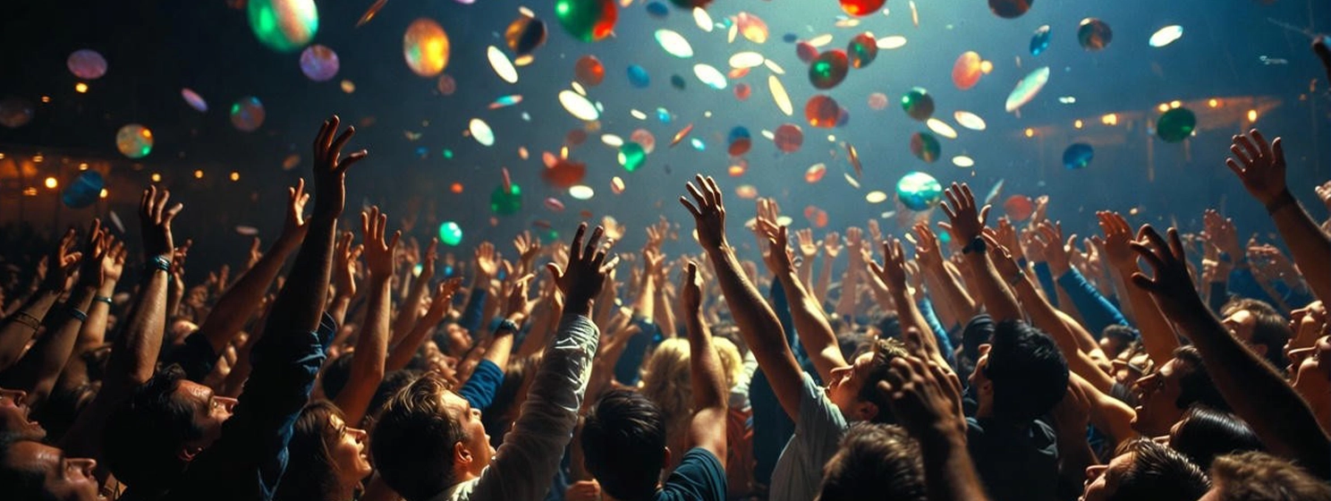Crowd of people reaching for some floating circles of colorful lights.
