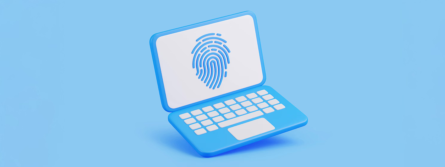 Laptop screen displaying a fingerprint icon, representing security authentication, identity verification, and digital privacy protection.