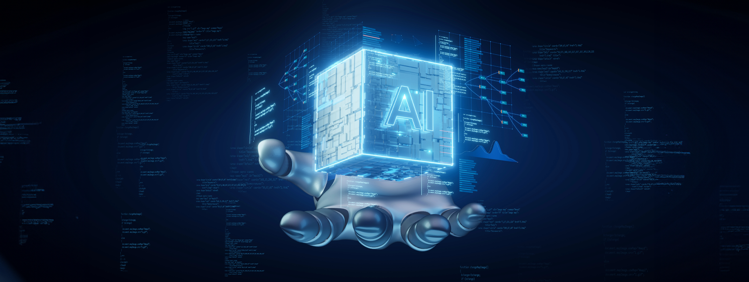 Robotic hand holding glowing AI cube art concept