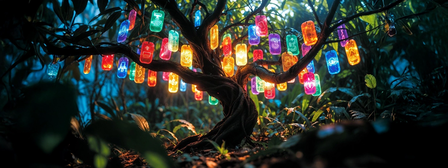 A tree in the middle of a forest with lots of hanging light amulets on its branches.