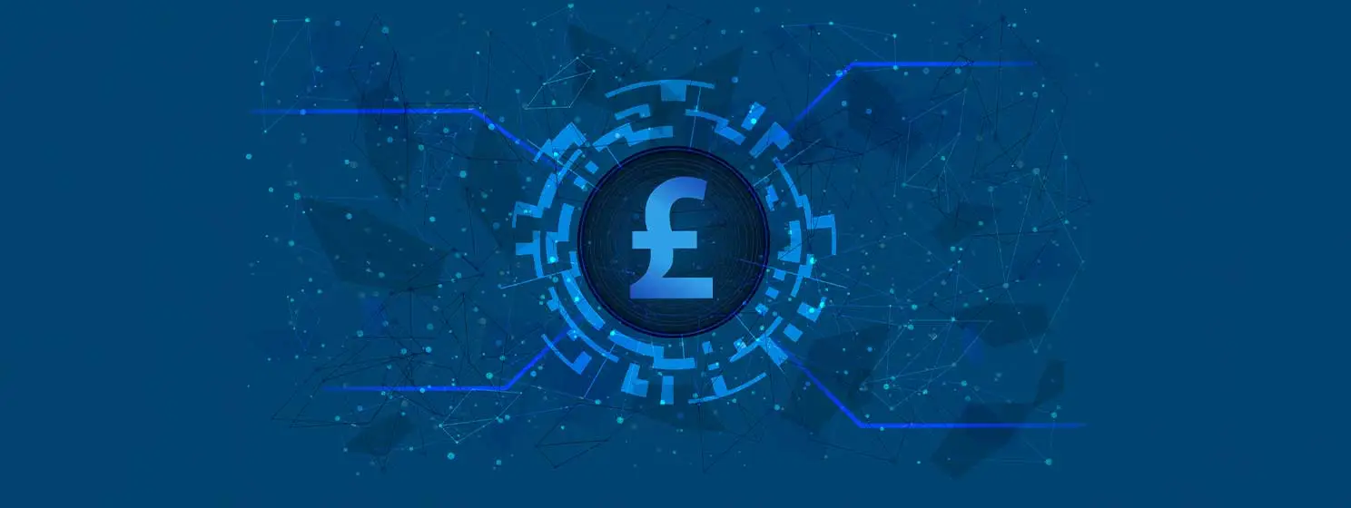 Pound Sterling GBP coin symbol in circle with digital theme