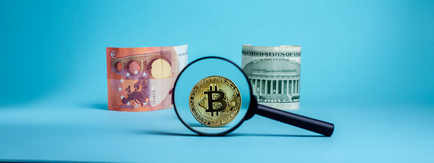 bitcoin against the dollar and euro on a blue background