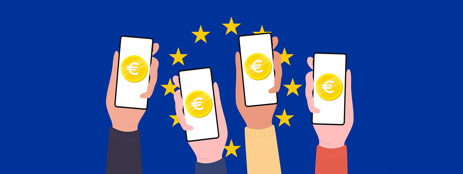 Digital Euro Coins on mobile banner