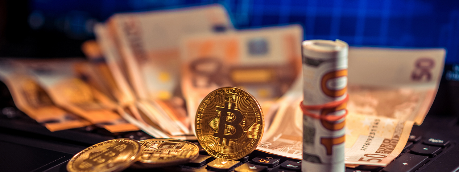 btc bitcoin coin with paper bills banner