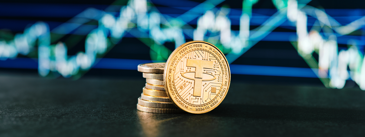 usdt, tether coins over graph background