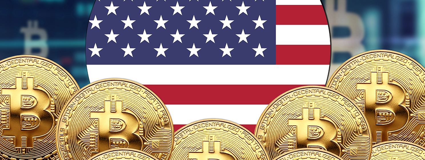 US flag, stack of bitcoins btc banner