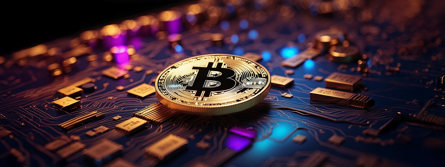 Bitcoin placed over a circuit board.