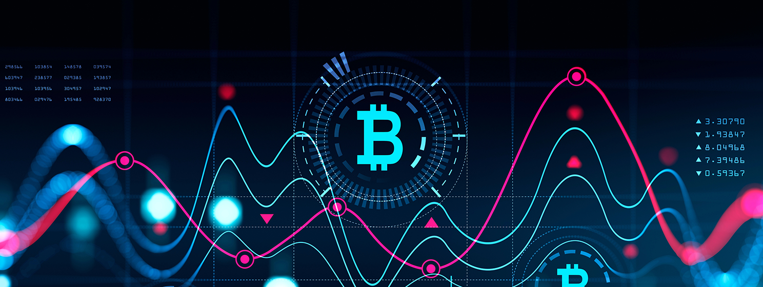 Cryptocurrency hologram with data and graphs, bitcoin icon concept banner