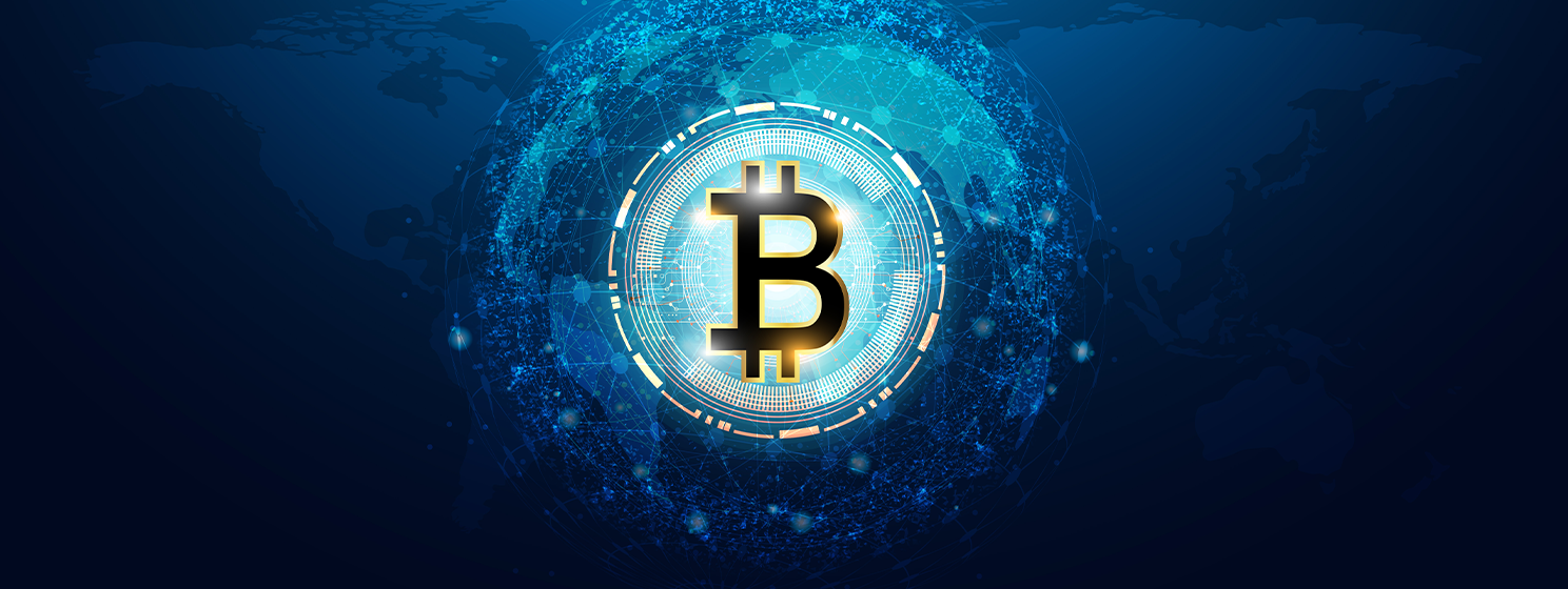 Bitcoin symbol on the world banner