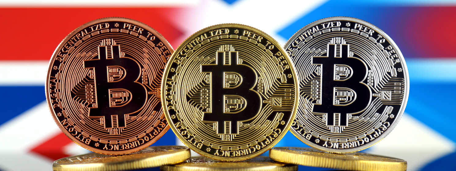 bitcoins over uk and scotland flags banner